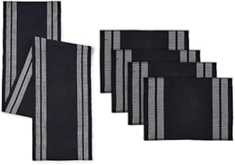 Encasa XO Table Runner and Placemats Set 4 | Fine Ribbed Cotton | Ladder Black | 1 Table Runner Size 32x137 cm & Each Table Mat Size 48x32 cm