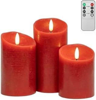 ANGELLOONG Red Flameless Candles with Remote, Real Wax Flickering Battery Operated Candles with Timer, Electric LED Fake Candles for Valentines Holiday Christmas Party Home Decor, Set of 3