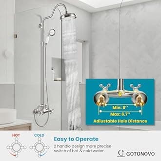 gotonovo Luxury Exposed Shower Faucet Set Bathroom Shower System 8 Inch Wall Mount Rainfall Shower Head with Handheld Spray Cross Double Handle Shower Fixture Adjustable Arc Rod Brushed Nickel