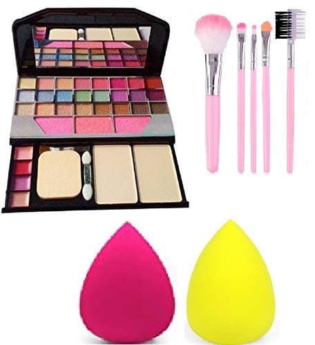 Makeup Eyeshadow Kit + 5 Pcs Makeup Brush + 2 Pc Blender Puff Combo - Multicolor
