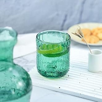 Retro Relief Glass Bedside Night Water Carafe with Tumbler Glass, Pitcher And Cup Night Set-Green