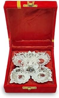 BENGALEN Silver Plated Diya with Red Velvet Gift Box Panchmukhi Dia Puja Items Diwali Decoration Pooja Gifts Handmade Oil Lamp Traditional Indian Deepawali Gift Items