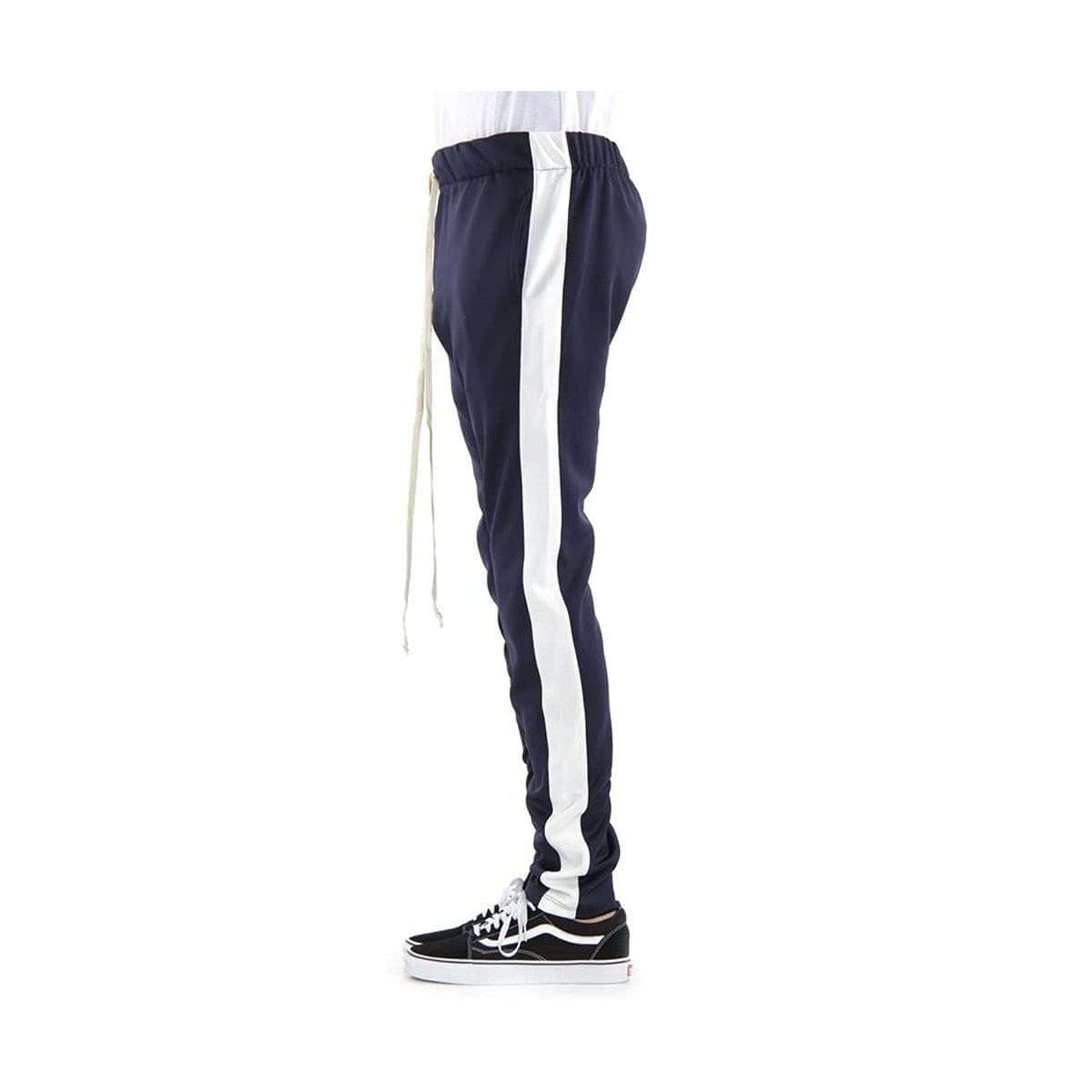 EPTM New Men's Techno Poly Zipper Long Drawstrings Pants (S, Navy/Ivory)
