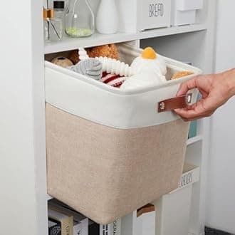 Mangata Collapsible Storage Cube Boxes, 30cm Cube Linen Woven Fabric Storage Baskets with Leather Handles 3pcs (Light Khaki and White)