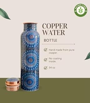 34oz Pure Copper Water Bottle for Drinking – Large Handcrafted Ayurvedic Copper Water Bottle, Leak Proof Lid – Smooth Finish Copper Bottle Water Vessel – 100 Copper Drinking Water Bottle 34 Oz