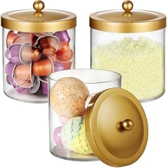 SheeChung 3 Pack 50 Oz Large Apothecary Jar with Metal Lid, Plastic Containers Canisters with Stickers Spoons, Bathroom/Laundry/Kitchen/Pantry Vanity Countertop Storage Organizer Decor(Gold)