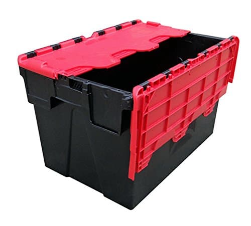 Plastor 5 x Plastic 62 Litre Heavy Duty Storage Boxes (60 x 40 x 36.5cm) Red and Black Crates with Attached Hinged Lids