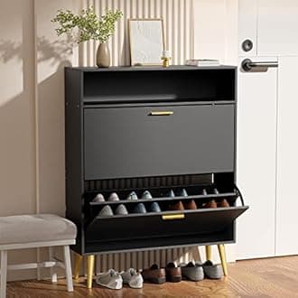 JOZZBY Shoe Cabinet for Entryway, Narrow Shoe Storage Cabinet with 2 Flip Drawers, Freestanding Hidden Shoe Rack Storage with Open Shelves for Hallway, Living Room