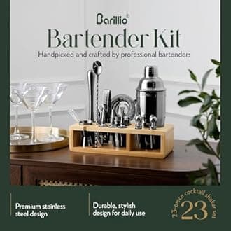 Barillio Elite 23 Piece Bartender Kit with Stainless Steel Shaker with Bamboo Stand, Velvet Carry Bag and Recipe Book 23 pcs Bar Set with Stand Black