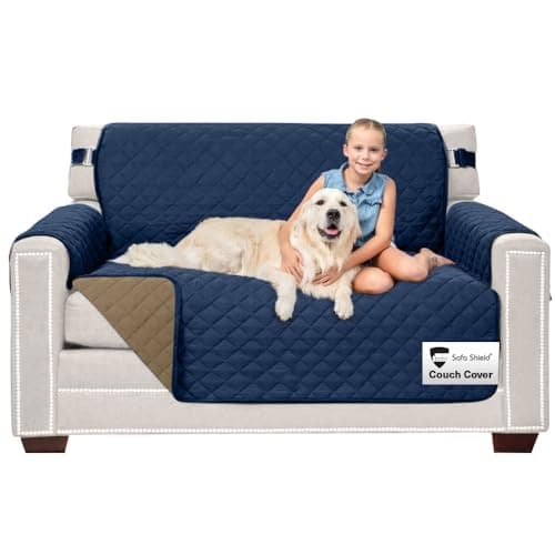 Sofa Shield Loveseat Slip Cover with Patented Strap, Cushion Protector, US Designed Reversible Stain and Dog Tear Resistant Slipcover, 54 inch Seat, Washable Covers for Dogs Pets, Navy Sand