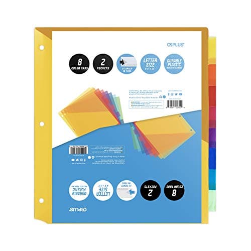 OS Plus 8-Tab Plastic Binder Dividers w/ 2 Pockets, Insertable Big Tabs, 1 Set