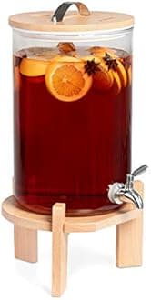 Navaris Glass Drinks Dispenser with Tap - 7 Litre Drink Jar with Spigot, Lid and Beechwood Stand for Hot or Cold Beverages, Ice Water for Parties