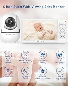 HelloBaby Baby Monitor with 2 Cameras and Audio, 6'' World First IPS Split Screen Baby Camera Monitor No WiFi, 30-Hrs Battery, ECO, 2-Way Talk, Night Vision, 1000ft, Travel Video Baby Monitor Portable