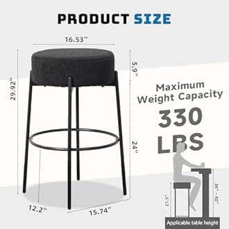 Bar Stools Set of 4,30" Counter Height Stools with Round Soft Padded Boucle Backless Seat and Black Metal Legs,Upholstered Barstools for Kitchen Island,Black