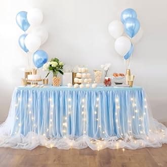 leegleri Baby Blue Tulle Tutu Table Skirt for Baby Shower Wedding and Birthday Party,LED Table Skirt for Rectangle Table (9 ft Table Skirt)