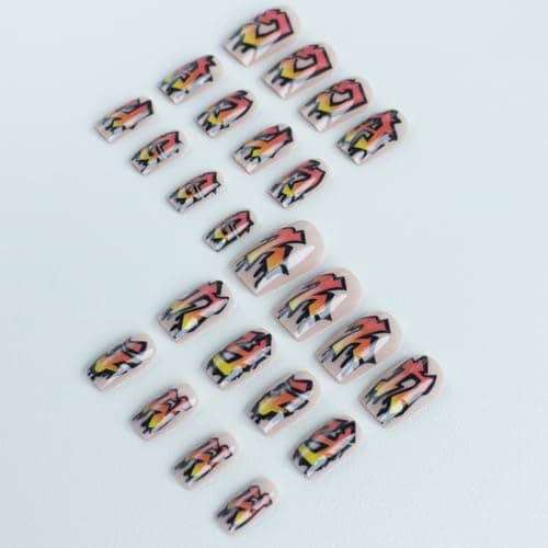 24Pcs Letters Press on Nails - Medium Square Glossy False Nails with Graffiti English Word Alphabet Symbol Design - Reusable Stick on Acrylic Artificial Fashion Manicure