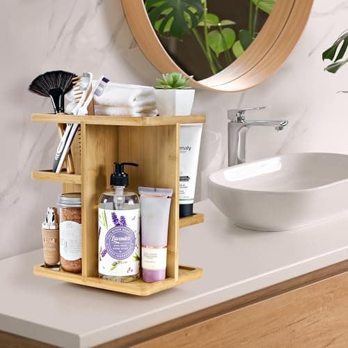 Sorbus 360° Bamboo Cosmetic Organizer, Multi-Function Storage Carousel for Makeup, Toiletries, and More — for Vanity, Desk, Bathroom, Bedroom, Closet, Kitchen