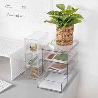 mDesign Plastic Stackable Organizer with 3 Drawers - Pull-Out Drawer Storage Bin for Bathroom Sink/Cabinet Organization - Perfect for Makeup, Small Towels, and More - Lumiere Collection, 4 Pack, Clear