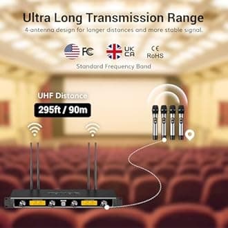TONOR Wireless Microphones System, 4*10 Channel Metal Professional UHF Cordless Dynamic Handheld Mics with Receiver for Home Karaoke, Meeting, Party, Church, DJ, Wedding, KTV, 295ft, TW-840 Silver&Red