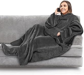 PAVILIA Fleece Blanket with Sleeves, Foot Pockets for Women Men Adults, Plush Wearable Blanket Throw, Warm Blanket Cozy Gift