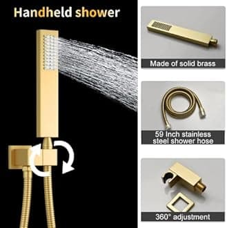 AYIVG Brushed Gold Full Body Shower System 3 In 1 Multi Function Waterfall Rainfall Ceiling 16 X 24 Inch Shower Head Brass 5 Way Thermostatic Shower Faucet with Handheld 6 Body Jets