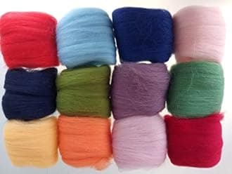 Assorted Merino Wool Roving Tops Pack – 60 g, 12 Colours for Needle Felting, Wet Felting and Spinning (Set B)