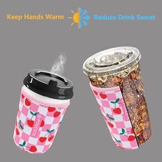 Reusable Neoprene Insulator Sleeve for Iced Coffee & Cold Soda, Coffee Sleeves for Iced & Hot Drinks, Cold Beverage Cooler Compatible with Starbucks, Dunkin (Pink Checkerboard&Cherry, Large: 32oz)