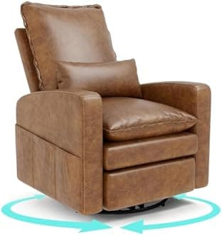 Esright Electric Recliner Chair, Swivel Rocker Chair for Adults, Small Rocking Recliner for Small Spaces, PU Leather Glider Recliner Nursery Chair with Side Pockets for Living Room(Brown)