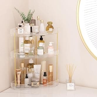 Lifewit 3-Tier Corner Bathroom Counter Organizer, Plastic Makeup Skincare Organizers Storage Countertop, Large Sink Cosmetic Perfume Shelf for Bedroom, Dresser, Kitchen, Vanity, Clear, 39 cm/15inch(H)