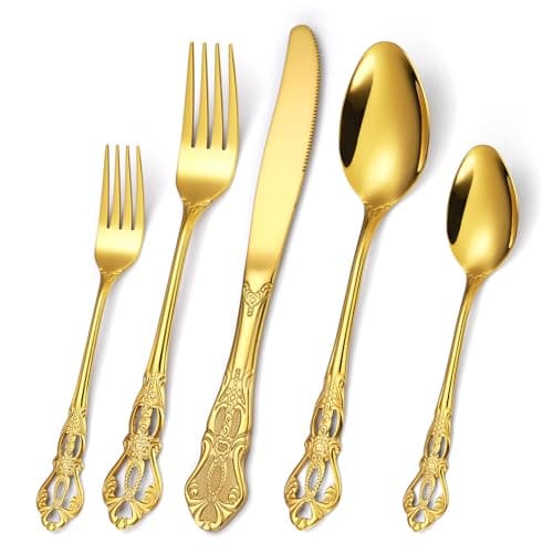 20 Pieces Gold Gorgeous Retro Silverware Set For 4, Flatware Set 18/0 Stainless Steel,Service for 4,Anti-rust Dark Utensils Fork Spoon Knife,Antique Baroque Style Cutlery Set,Dishwasher Safe