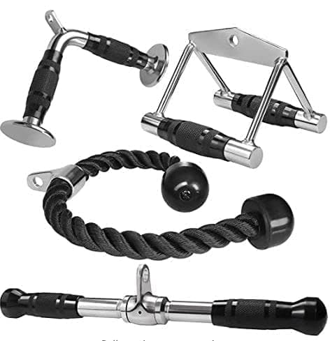 - Combo Tricep Rope/Tricep Pull Down Rope and V Bar Cable Attachment – Cable Bar for Strength Training (Rowing Handle, V-Shaped Bar, Triceps Rope, Straight Rotating Bar)