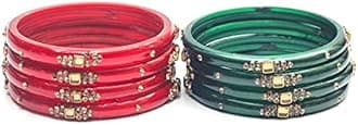 Swara Creations Traditional Glass Kada Bangles Set for women & girls Glossy Bangles Gemstone stone work Red Green Yellow Pink multicolor glass Kade