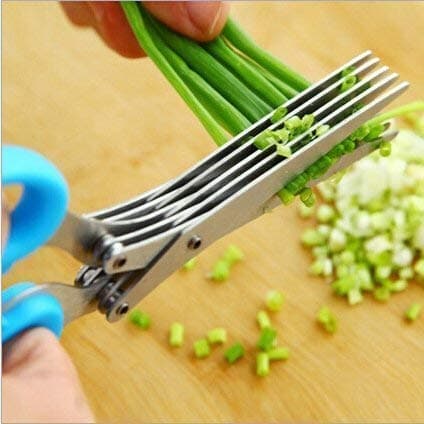 Welton Stainless Steel Multi Function 5 Blade Vegetable Herbs Handy Cutting Scissor Knife with Cleaning Brush for Home Kitchen Restaurant *Color May Very*