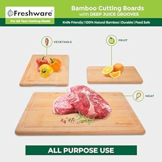 Freshware Wood Cutting Boards for Kitchen - Bamboo Cutting Board Set of 3, Cutting Boards with Juice Grooves, Serving Board Set, Chopping Board for Meat, Veggie, Easy Grip Handle (9x6", 12x8", 15x10")