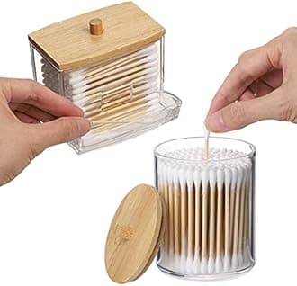 Tbestmax Qtips Holder Bathroom Container, 10/7 OZ Cotton Ball/Swabs Dispenser, Apothecary Jar Organizer for Storage Wood Lids