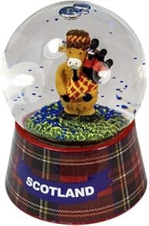 I LUV LTD Scottish Waterball Snow Globe with Highland Cow On Large Tartan Base Design, Resin Figurine and Moulded Base