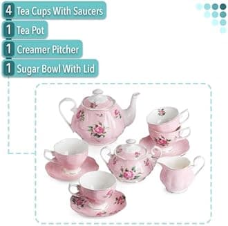 BTaT- Floral Tea Sets for Adults, 13 pcs, Service for 4, Pot (38 oz) & Cups (8 oz) with Saucers, Pastel Pink Floral Design with Gift Box, Porcelain Tea Set for Adult, Dishwasher Safe, Christmas Gifts