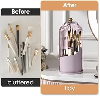 Makeup Brush Holder with Lid 360 Rotating Clear Dustproof Make Up Organizers for Vanity Bathroom Countertop, Pink