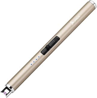 Electric Lighter Candle Type C Rechargeable Lighter with Upgraded LED Battery Display Safety Switch Flameless Plasma Windproof for Candle Cooking BBQs Fireworks (Champagne Gold)