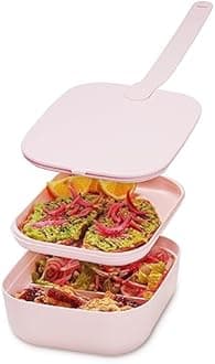 W&P Porter Bento Lunch Box, 3 Compartment Bento Box Portable Adult Lunch Box with Snap Strap- Food Container, BPA Free, Dishwasher and Microwave Safe, Blush, Medium