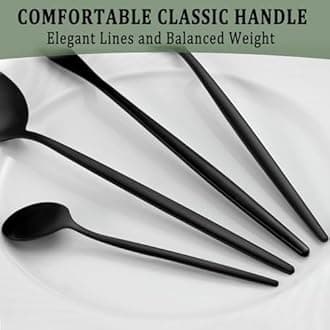 BEWOS 32 Piece Black Cutlery Set for 8, Cutlery Includes Forks, Steak Knives and Spoons, Dishwasher Safe Tableware for Home Restaurants, Knife and Fork Sets Food-Grade Stainless Steel