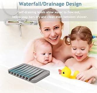 4PCS Self Draining Soap Holder, Premium Silicone Soap Dish, Waterfall Drainer Soap Saver for Bathroom, Kitchen, Bath Tub, Extend Soap Life, Keep Soap Bars Dry Easy Clean (Grey & Teal)