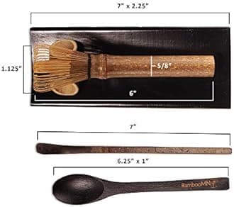 BambooMN Matcha Whisk Set - Skinny Black Chasen (Tea Whisk), Black Tray, Black Chashaku (Hooked Bamboo Scoop), Black Tea Spoon - 1 Set