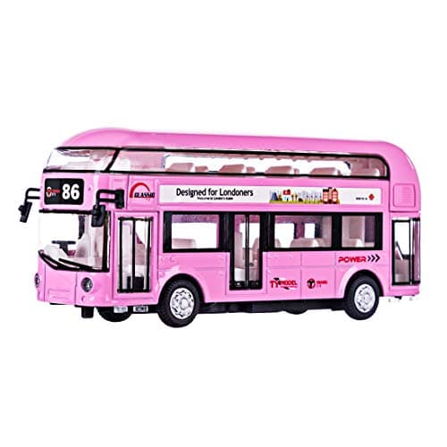 HMANE Pull Back Cars Alloy Double Decker School Bus Construction Vehicles Mini Model Car Toys with Light (Pink)