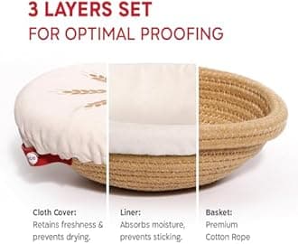 KneadAce Cotton Rope Banneton Bread Proofing Basket Set, 2 Round Baking Baskets with Liners & Covers for Artisan & Sourdough Bread