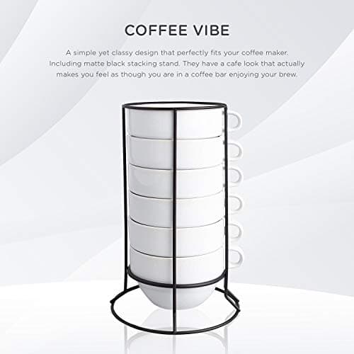 World Market White Stackable Jumbo Coffee Mugs - Espresso Stacking Cups comes with Matte Black Rack for Easy Kitchen Organizing - Perfect for Coffee, Cappuccino, Latte, Café Mocha and Tea - Set of 6
