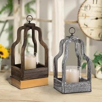 Wood Lantern Decor, Rustic Decor Candle Lantern, Outdoor Lanterns Farmhouse Candle Holder, Decorative Wedding Farmhouse Table Decor, Brownish Grey