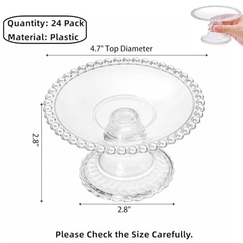 Hacaroa 24 Pcs Mini Cake Plate Stand, Plastic Single Cupcake Holder Serving Plate, Clear Small Dessert Display Stand Tray for Chocolate, Fruits, Baby Shower, Wedding, Birthday, Party