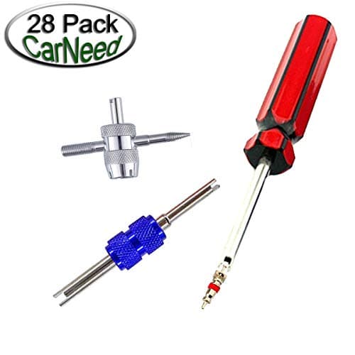 CarNeed 3 Pcs Tire Valve Core Remover Tools with 25 Pcs Brass Valve Stem Cores, 4-Way Valve Stem Core Tool, Dual & Single Head Tire Valve Core Remover Installer Tools