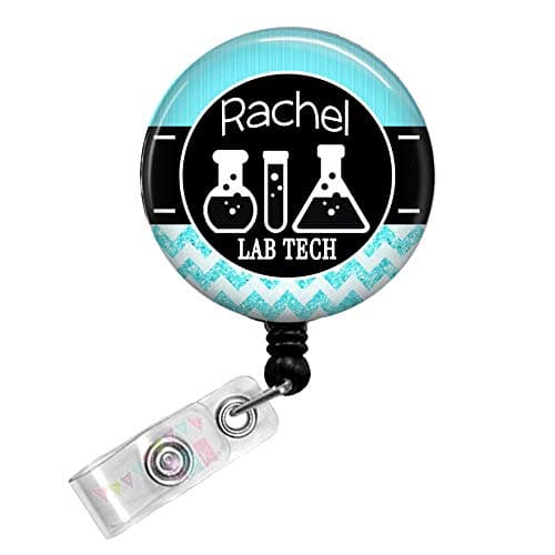 Personalized - Lab Tech with Beakers - Pool Blue - Glitter Chevron - Button Badge Reel - BR0028